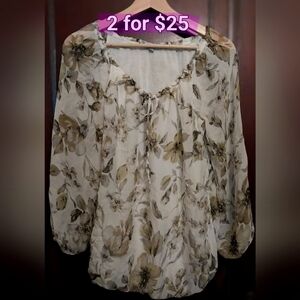 Lightweight Italian Neutral Colors Floral Print Silk Blouse
